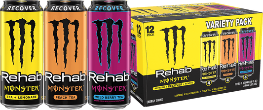 Monster Energy Rehab LPWBT variety pack 15.5 oz can - Lemonade, Peach Tea and Wild Berry Tea energy iced tea, pack of 15
