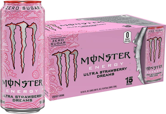 Monster Energy Ultra Strawberry Dreams, Pink Monster Drink, 16 Ounce (Pack of 15)