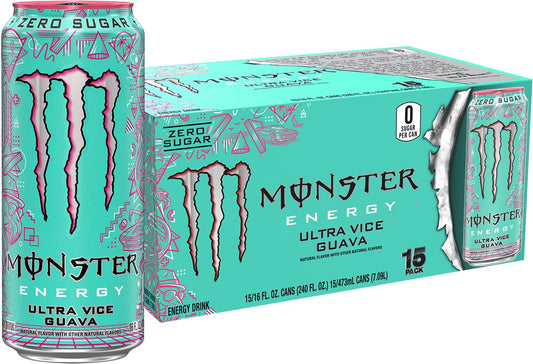 Monster Energy Ultra Vice Guava, Sugar Free Energy Drink, 16 Ounce (Pack of 15)