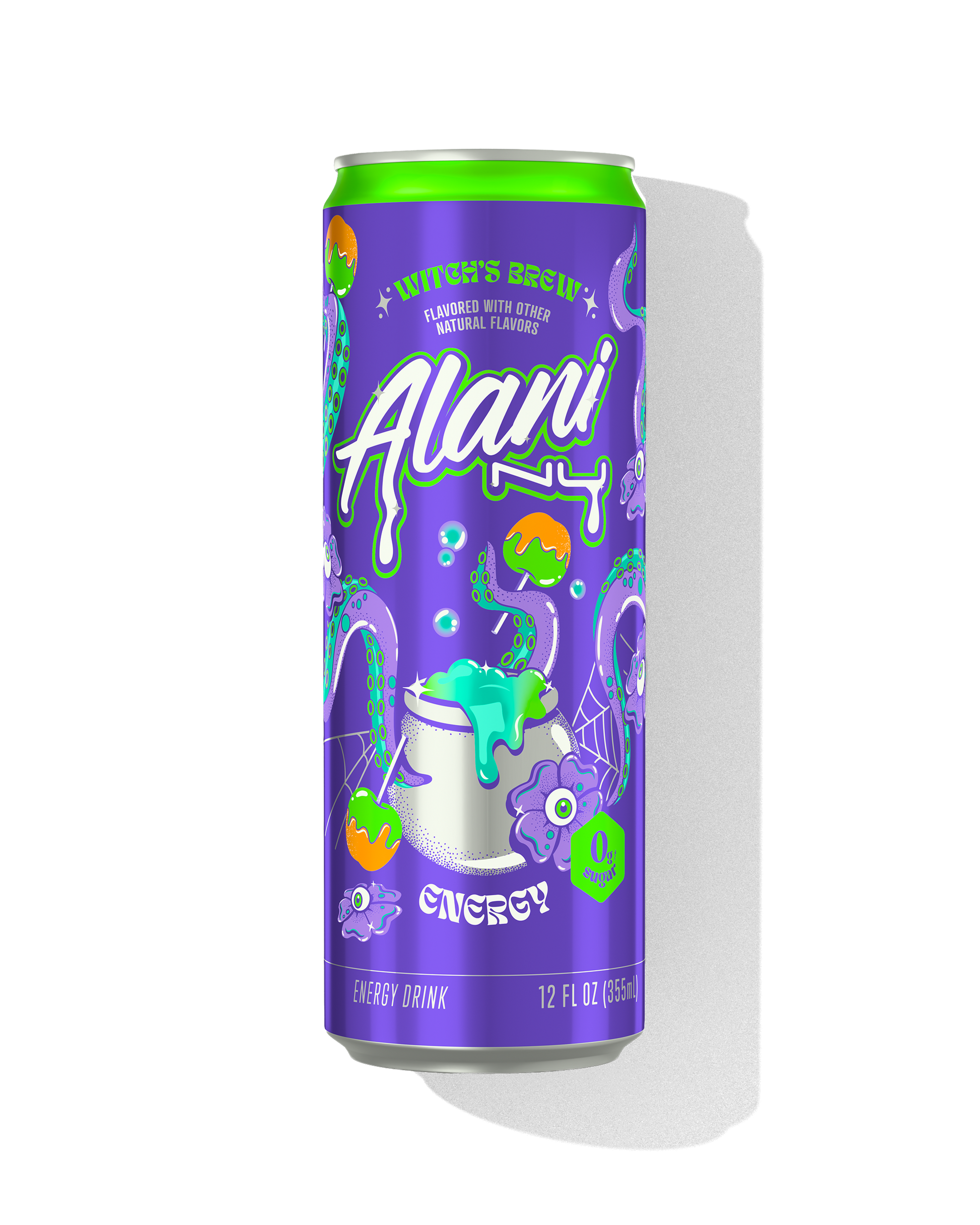 Alani Nu Witch's Brew energy drink can, green apple caramel flavor, part of the Potion Pack