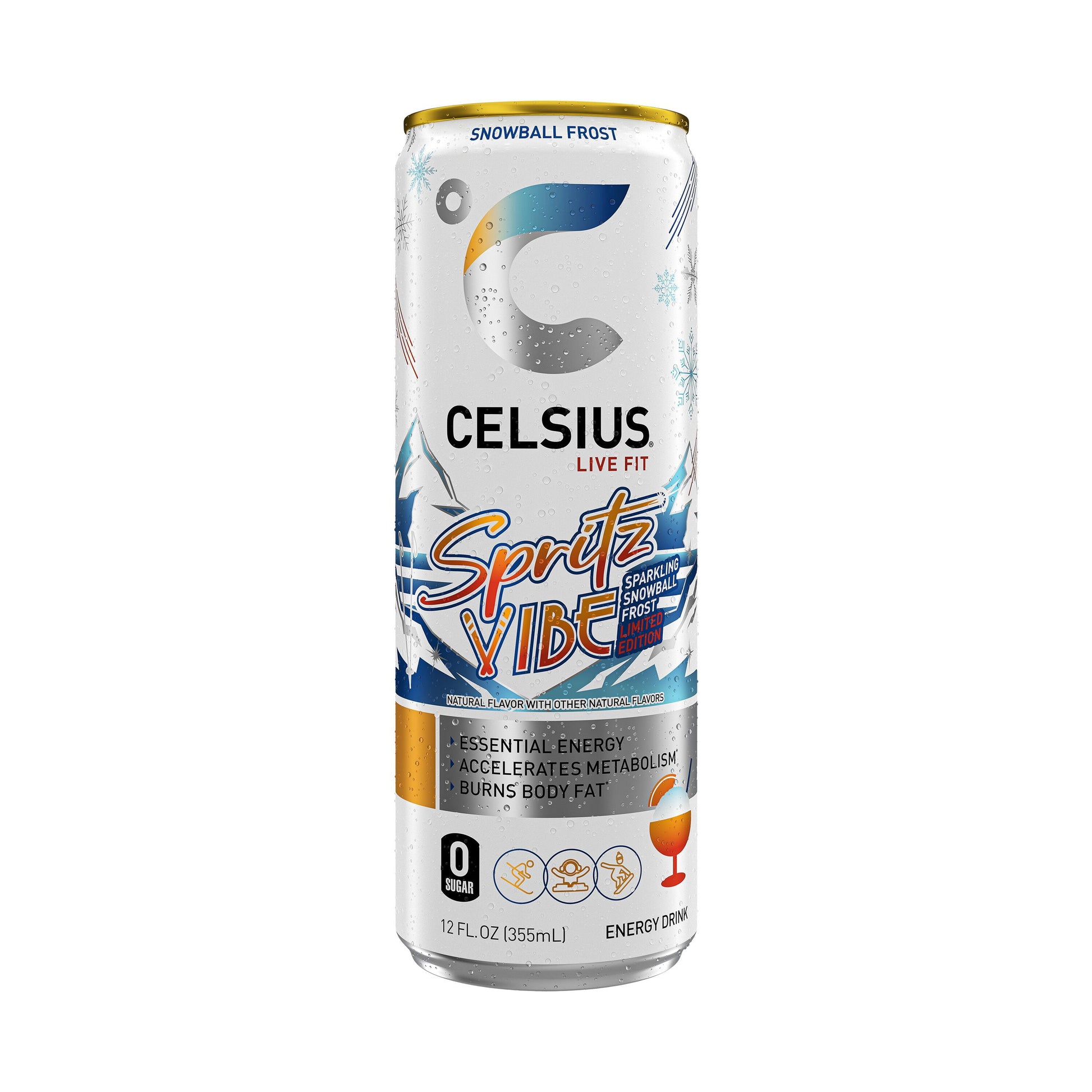 CELSIUS Spritz Vibe Summer Edition can showing 200mg caffeine and zero sugar