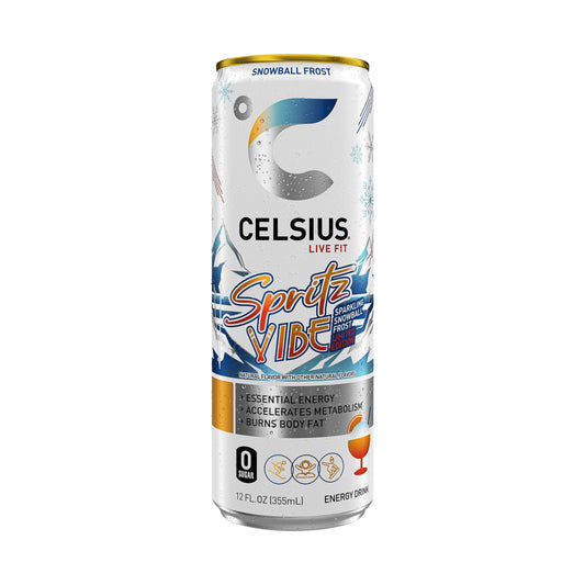CELSIUS Spritz Vibe Summer Edition can showing 200mg caffeine and zero sugar
