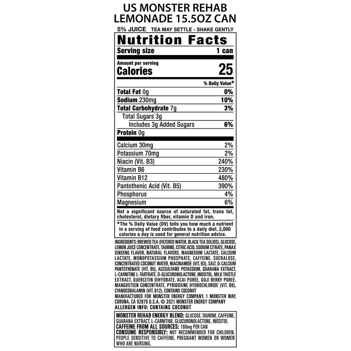 Monster Energy Rehab, Tea + Lemonade, Energy + Tea Energy Drink, 15.5 fl. oz., 24 pk.