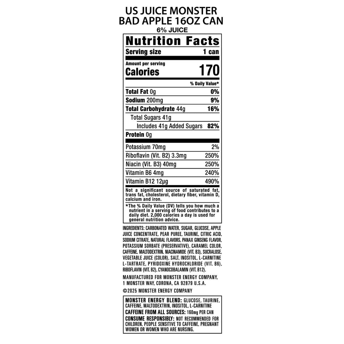 Monster Energy Juice, Bad Apple, Juice + Energy Drink, 16 fl. oz., 24 pk.