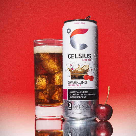 CELSIUS Sparkling Cherry Cola can showing 200mg caffeine and zero sugar
