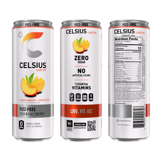 CELSIUS Fizz Free non-carbonated can showing 200mg caffeine and zero sugar