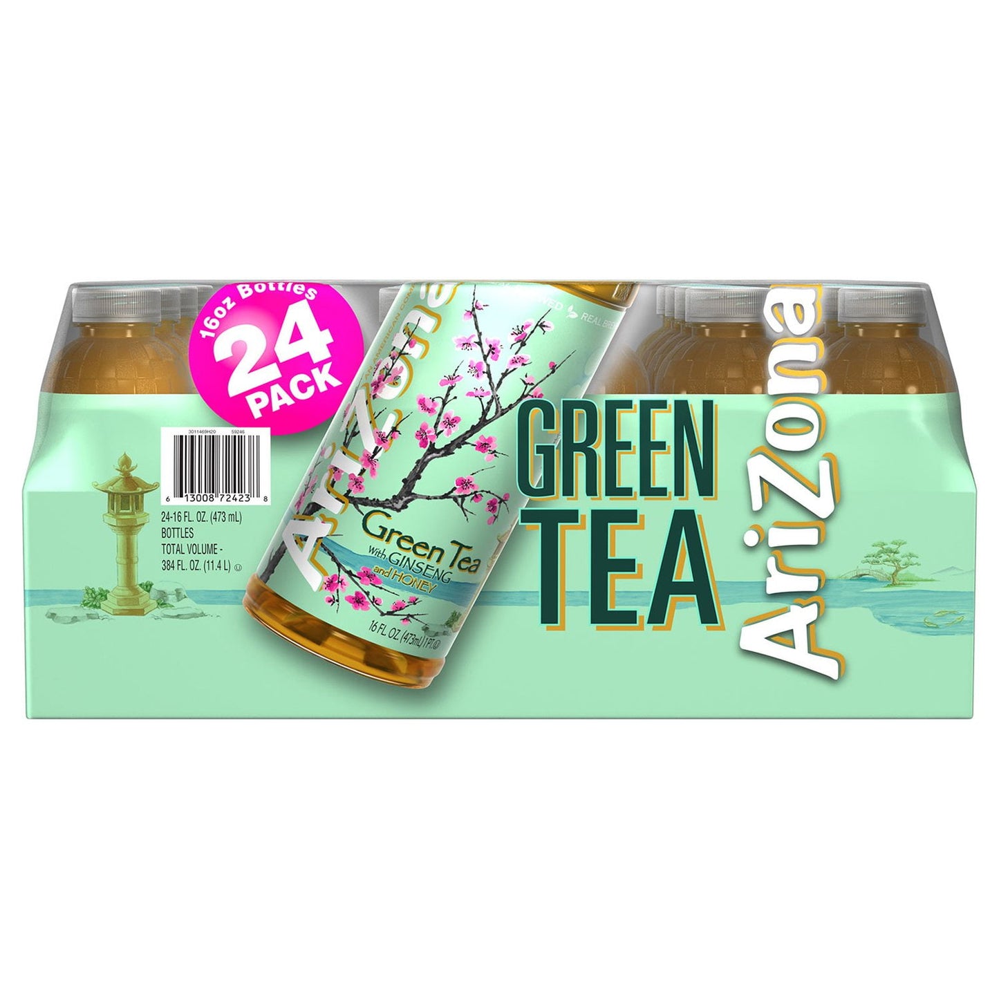 AriZona Green Tea bottle showing ginseng and Sue Bee honey ingredients