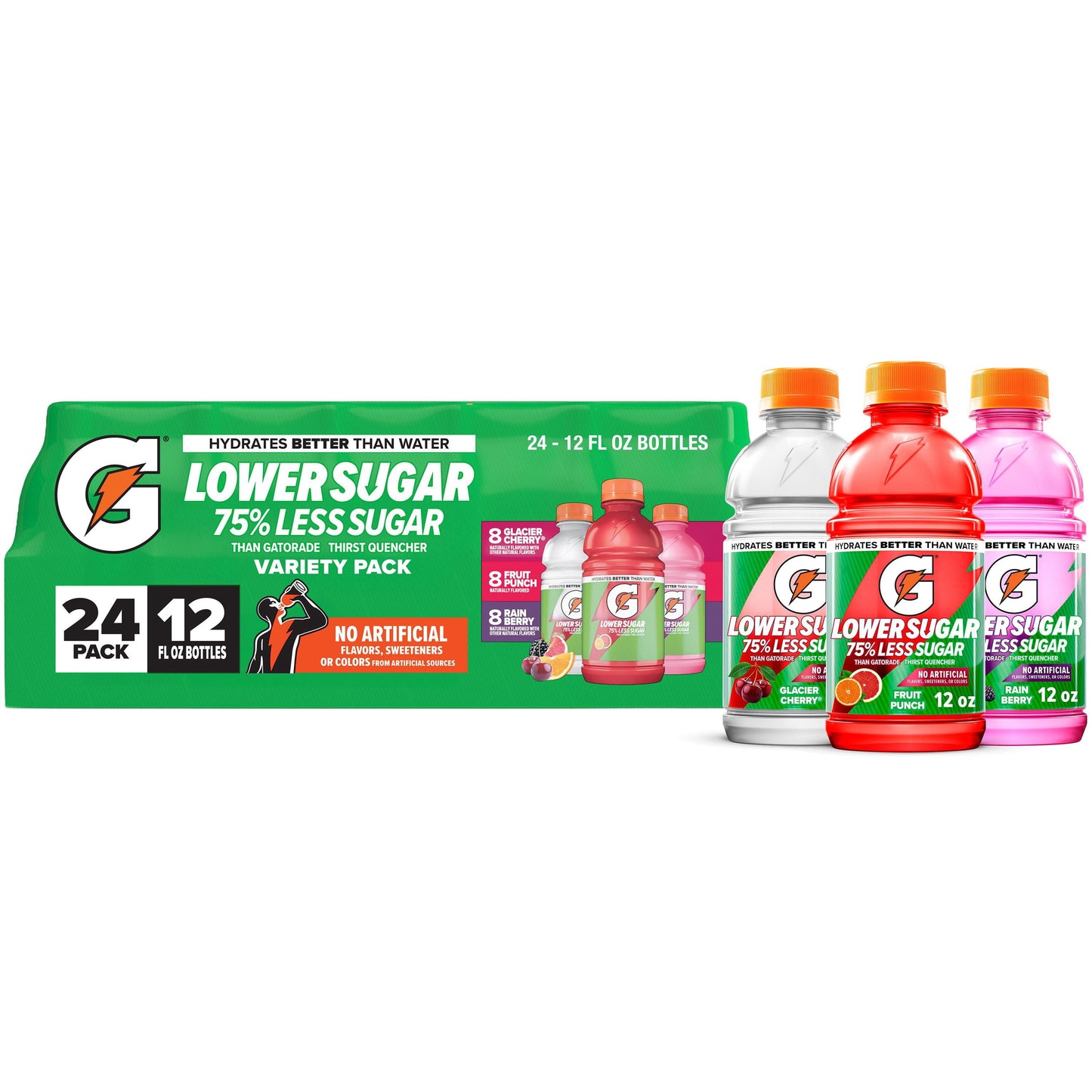 Gatorade Lower Sugar Electrolyte Beverage Variety Pack, 24 bottles, 12 fl oz, Glacier Cherry Fruit Punch Rain Berry