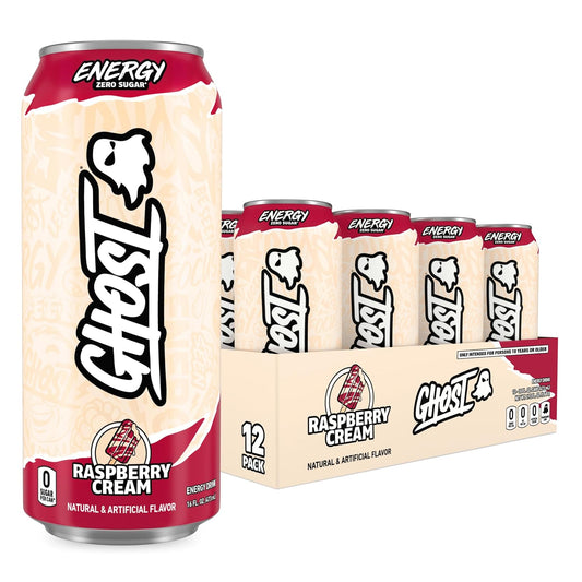 GHOST Energy Drink Raspberry Cream – Zero Sugar, 200mg Caffeine, 16oz Cans (12-Pack)